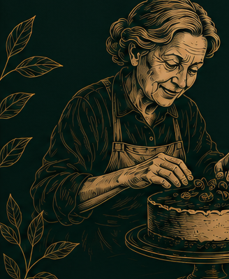 Ilustración de la abuela decorando una tarta